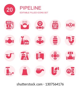 pipeline icon set. Collection of 20 filled pipeline icons included Gas, Submerge, Manometer, Pipe, Eco factory, Nuclear plant, Water tank, Pump