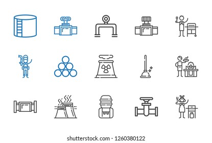 pipeline icons set. Collection of pipeline with gas, pipe, water tank, industry, plunger, nuclear plant, plumber, valve, industry tank. Editable and scalable pipeline icons.