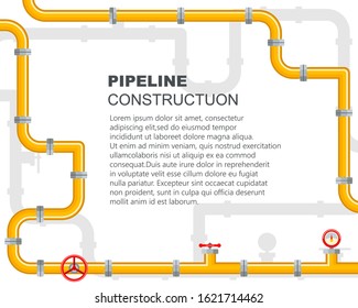 Pipeline industrial on yellow background. Spare parts for the pipeline. The lever opens or closes the valve. Oil, water or gas in trumpet. Vector illustration, EPS 10.