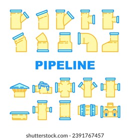 pipeline industry gas pipe icons set vector. oil technology, industrial construction, tube supply, energy, fuel, equipment pipeline industry gas pipe color line illustrations