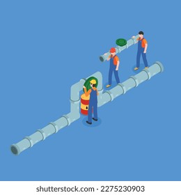 Pipeline leak control by team of workers 3d isometric vector illustration concept for banner, website, landing page, ads, flyer template