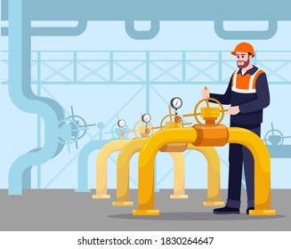 Pipeline maintenance semi flat vector illustration. Gasman working. Fuel production. Petroleum transportation pipes. Gas industry male worker 2D cartoon character for commercial use