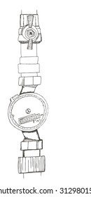 Pipeline with the meter of water, gas, gasoline, kerosene. Vector sketch.