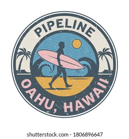 Pipeline, Oahu, Hawaii- surfer sticker, stamp or sign design, vector illustration