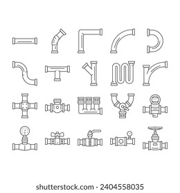 Gasrohrsymbole der Pipeline-Ölindustrie; Vektorgrafik. technische Industrie, Bauenergie, Gerätetechnik, Röhre, Brennstofffernleitung, Gasleitung, schwarze Konturillustrationen