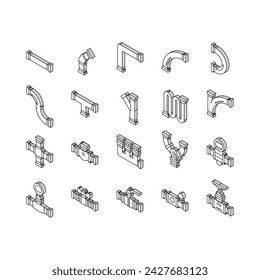 pipeline oil industry gas pipe isometric icons set. technology industrial, construction energy, equipment engineering, tube, fuel pipeline oil industry gas pipe color line