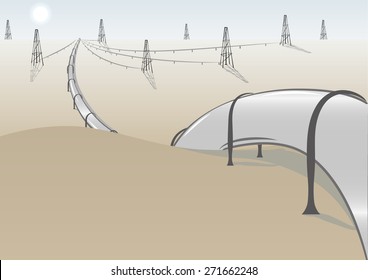 Pipeline and oil rigs in desert connected. Perspective vintage vector illustration