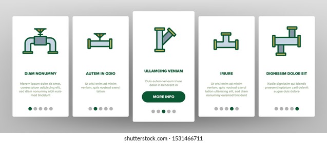 Pipeline Onboarding Mobile App Page Screen Vector Thin Line. Steel Pipeline Steel Pipe Connector And Valve For Plumbing Work Concept Linear Pictograms. Contour Illustrations