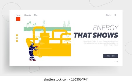 Pipeline Operator Check and Inspect Oil Pump Website Landing Page. Worker with Equipment Work in Gas Industry. Technician Maintenance Service Web Page Banner. Cartoon Flat Vector Illustration Line Art