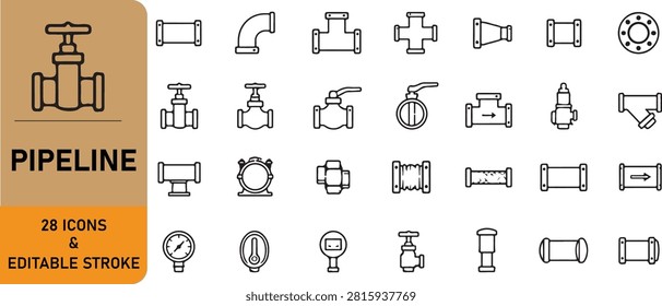 Pipeline outline icon set with editable stroke featuring industrial pipes, valves, fittings, flow control, plumbing components, pressure gauges, and pipeline engineering concepts.