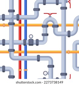 Pipeline pattern. Seamless print with water pipe details, drainage system elements, heating cooling tubes for decorative background. Vector texture. Plumbing construction with indicators