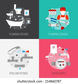 Pipeline plumbing and heating reparation service and  sink drain cleaning kit flat  icons composition vectoe isolated illustration