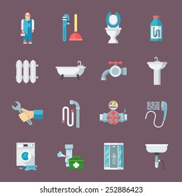 Pipeline Plumbing And Heating Reparation Service And  Sink Drain Cleaning Kit Flat Icons Composition Vector Isolated Illustration