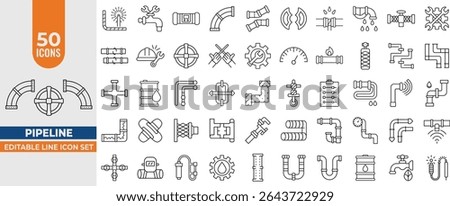 Pipeline and Plumbing Icon Set – 50 Editable Line Icons for Faucets, Taps, Valves, Oil, Gas and Water Systems. Editable Stroke. Vector illustration.