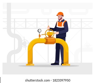 Pipeline repair semi flat vector illustration. Gasman working. Fuel production and transportation maintenance service. Gas industry male worker 2D cartoon character for commercial use