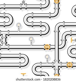 Pipeline seamless pattern. Branching and intertwining pipes with taps and manometers. Editable vector illustration in flat style.