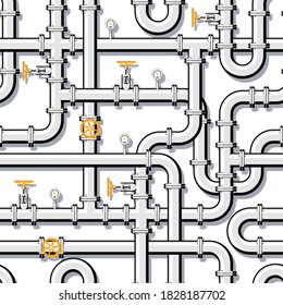 Pipeline seamless pattern. Branching and intertwining pipes with taps and manometers. Realistic vector illustration in flat style.