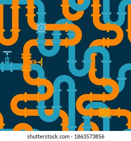 Pipeline seamless pattern. Intertwining blue and orange pipes with taps. Vector illustration in flat style.