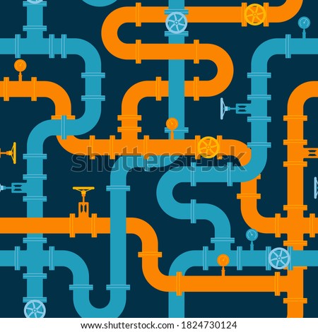 Pipeline seamless pattern. Intertwining blue and orange pipes with valves and manometers. Vector illustration in flat style.