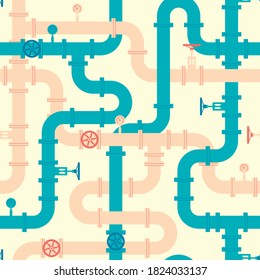 Pipeline seamless pattern. Intertwining green and pink pipes with valves and manometers. Vector illustration in flat style.
