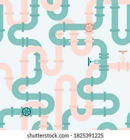 Pipeline seamless pattern. Intertwining green and pink pipes with taps. Vector illustration in flat style.