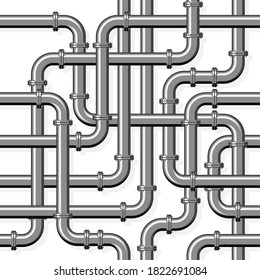 Pipeline seamless pattern. Intertwining steel pipes on a white background. Realistic vector illustration in flat style.