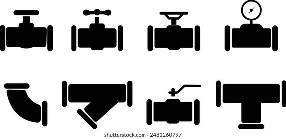 Pipeline set. Pipe with valve and tap for gas, oil, plumbing or water. Fuel power technology. Oil and gas extraction, production and transportation industrial icon, isolated on transparent background.