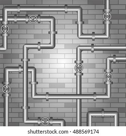 Pipeline silver on gray brick wall. Vector illustration on a white background.