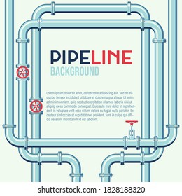 Pipeline square vector background with space for text. Branching and intertwining pipes with taps. Illustration in flat style.