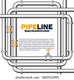 Pipeline square vector background with space for text. Branching and intertwining pipes with taps. Illustration in flat style.