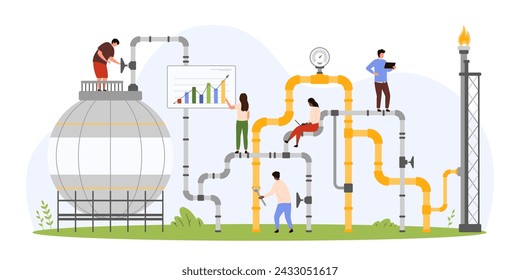 Pipeline and storage tank complex inspection in gas industry. Tiny people repair and control valves for leaks and pressure in pipe network, technicians work with equipment cartoon vector illustration