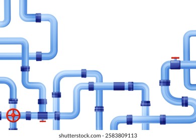 Pipeline system background. Industrial pipes with valves for water gas fuel oil. Isolated cartoon plastic or metal pipelines, nowaday vector poster