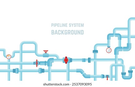 Fondo del sistema de tuberías. Tubo de agua, sistema de combustible de gasóleo, conducto de aire y ventilación. Tuberías de metal plásticas con las válvulas, fondo de Vector neoteric industrial plano