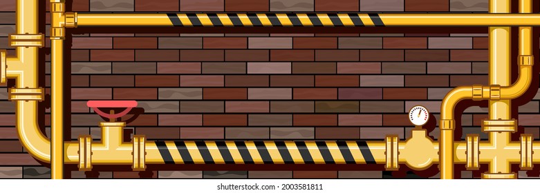 Pipeline system. Horizontal picture with place for text on a brick wall background. Yellow metal pipes. Gas pipeline vector