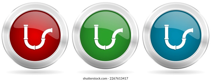 Pipeline, tube, pipe and industrial vector icon set. Red, blue and green silver metallic web buttons with chrome border