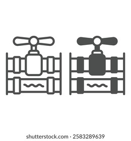 Pipeline with valve line and solid icon, plumbing construction concept. Vector graphics. Water pipe sign on white background, outline style icon for mobile or web design