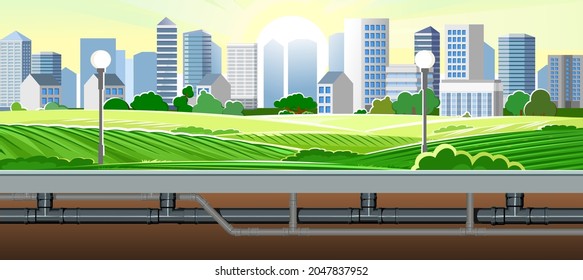 Pipeline for various purposes. Beautiful city landscape. Underground part of system. Illustration vector.