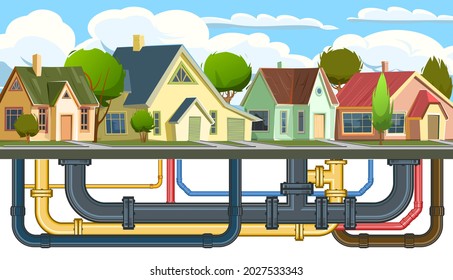 Pipeline for various purposes. Pipes of different color calibration. Underground part of system. Cartoon street Illustration vector