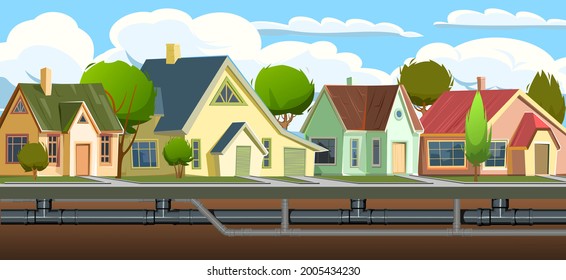 Pipeline for various purposes. Underground part of system. Cartoon town street. Illustration vector