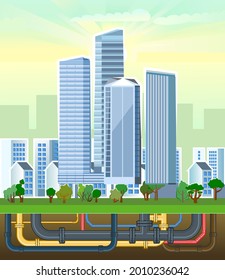 Pipeline for various purposes. Underground part of system. Small private houses and huge high-rise buildings. Illustration vector