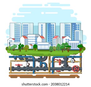 Pipeline for various purposes. Underground part of system. Town engineering communications network. Isolated Illustration vector.