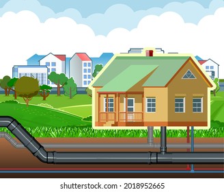 Pipeline for various purposes. Water, sewerage and gas are connected to the house. Underground part of system. Illustration vector