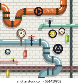 Gasoducto. Plomero de diseño plano vectorial. Tubos en la pared de ladrillo.