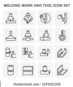 Pipeline welding work and welding tool such as welder, torch, pipe, tunnel, crane and metal vector icon set design, editable line stroke icon.