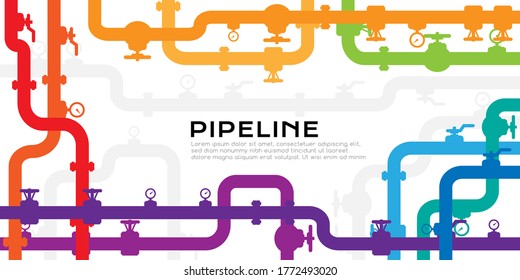 Pipelines colorful textured background with copy space. Industrial vector banner with pipes and equipment.