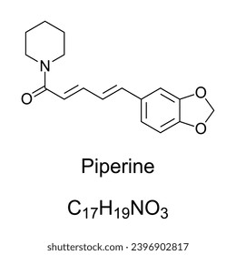 Piperine, chemical formula and skeletal structure. The compound responsible for the pungency of black pepper and long pepper, both used as spice, and also in  some forms of traditional medicine.