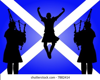 pipers and highland dancer jumping with Scottish flag Illustration