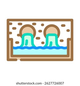 Rohre, die farbige Flüssigkeit in den Fluss Farbe Symbol Vektor. Rohre, die farbige Flüssigkeit in ein Flussschild werfen. einzelne Symbolgrafik