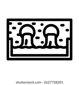 Rohre, die farbige Flüssigkeit in den Icon-Vektor der Flusslinie werfen. Rohre, die farbige Flüssigkeit in ein Flussschild werfen. isoliertes Kontursymbol, schwarze Illustration