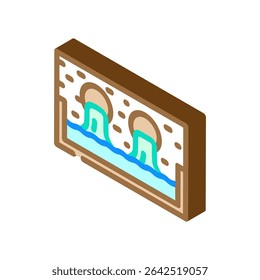 Rohre, die farbige Flüssigkeit in den isometrischen Ikonenvektor des Flusses werfen. Rohre, die farbige Flüssigkeit in ein Flussschild werfen. einzelne Symbolgrafik